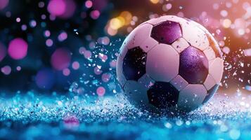 Classic football soccer ball illuminated by vibrant neon and pink text lights on a gradient background, perfect for sports and recreation themes copy space for blue photo