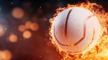 White volleyball ball burning in flames on a blurred sparkling background, perfect for sport concepts copy space for text photo