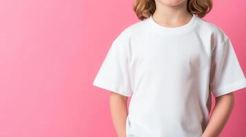 Studio portrait of a smiling child model wearing a white t shirt mockup on a pink background, positive emotion and youthful style photo