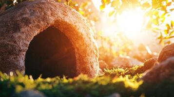 Easter background Bright sunlight shines from christianity new of empty tomb at sunrise, symbolizing religion resurrection and entrance life, 4K photo