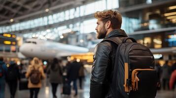 Young eagerly man walking through a bustling airport terminal, carrying a backpack, on heading off tourist an exciting trip travel background photo