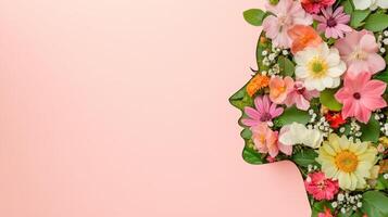 Gerbera flowers woman face profile silhouette creating in profile, symbolizing feminine beauty against pristine white background photo
