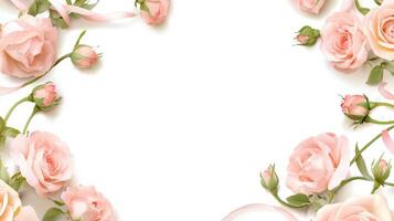 Soft pink flower roses surrounding elegant ribbon, forming space frame against pure white backdrop, embodying romantic elegance copy graceful for your text photo