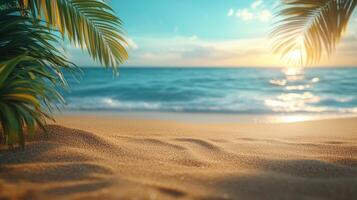 Vibrant golden sunset summer washing over tranquil tropical beach coastline, silhouetted palm tree background accenting expansive space ocean horizon Copy verdant for text photo