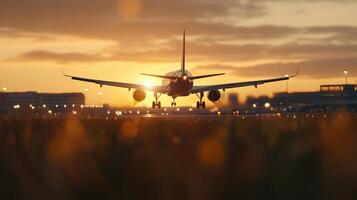 Passenger jet gliding above colorful sky clouds, illuminated by warm golden orange sunset against dramatic evening light backdrop photo