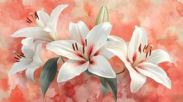 Soft watercolor rendering capturing and pink delicate white lilies blooming against muted pastel background photo