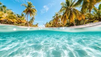 turquoise Pristine waters washing secluded tropical island, verdant palms framing white sandy shore under blazing sunlight background Copy space for text photo