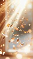 3d onto confetti falling gracefully valentine love atmosphere a sunlit floor, creating a festive and celebratory Golden beige . Vertical format photo