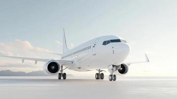 passenger White airplane jet waiting on runway, golden sunrise illuminating aircraft wings against early morning sky standing on the airport runway at sunset photo