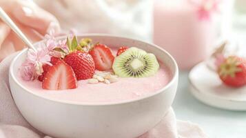 Pink smoothie bowl garnished with ripe strawberries, kiwi, nutritious and scattered coconut flakes, presenting sliced morning dining experience food healthy eating concept photo