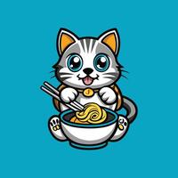 Cute Cat Enjoying a Scrumptious Bowl of Ramen Illustration vector