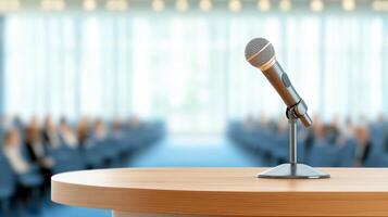 Professional microphone standing on podium, conference hall rostrum behind, ready for keynote presentation empty blurred on a stage for a conference photo