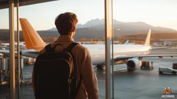 Young tourist exciting walking through a bustling airport terminal, carrying a backpack, eagerly heading off on an man trip travel background photo
