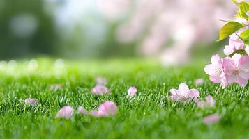 Delicate pink flowers sakura petals gently falling onto green grass background amidst a serene spring morning garden Copy space for text photo