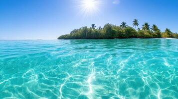Pristine turquoise waters washing secluded tropical island, shore palms framing white sandy under verdant blazing sunlight background photo