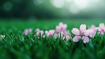 Delicate pink flowers sakura petals falling soft green grass background serene spring morning Copy space for text photo
