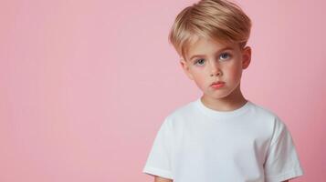 Studio portrait of a smiling child model white t shirt mockup on a pink background, showcasing positive emotion and youthful style photo