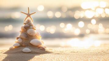 Seashells and starfish forming christmas tree on sandy beach at sunset celebrating warm holidays copy space for text photo