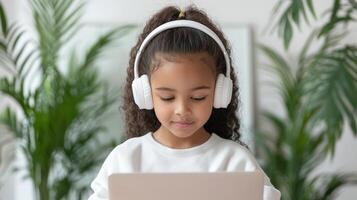 Happy young girl student wear headphone watch webinar teacher online course communicate by conference call e learn language in app laugh study with listen lesson look at laptop at home photo