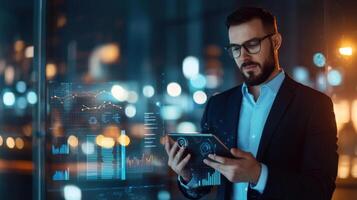 Businessman analyzing holographic data projected from tablet, visualizing graphs, in and global connections charts, a technological business environment photo