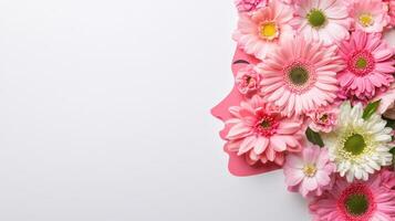Gerbera face creating woman profile silhouette flowers in profile, symbolizing feminine beauty against pristine white background photo