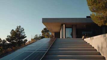 Solar panels powering sleek eco building, lush sustainable living in representing tropical environment photo