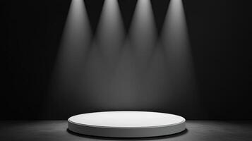White round Empty 3d podium illuminating a black stage with sparkling lights, perfect background for showcasing luxury products photo