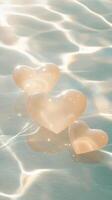 3d Glass hearts delicately floating on rippling water valentine soft love, in bathed golden light background, conveying intimate. Vertical format reflective water surface. photo