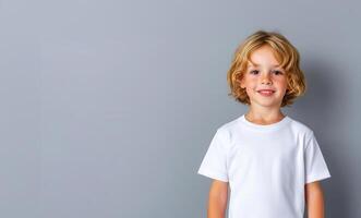 Studio portrait Male child, cheerful boy with blond hair and white t shirt mockup smiling against a gray background photo