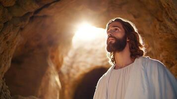 tranquility Easter Resurrected Jesus rising from stone sepulcher, gazing skyward with Happy divine photo