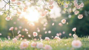 Soft pink petals drifting over blooming meadow, verdant grass creating spring time landscape photo