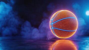 Futuristic basketball glowing with neon lines resting on reflective surface, enveloped by wispy smoke, generating dramatic visual atmosphere sport background photo