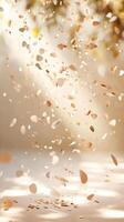 3d Golden confetti falling gracefully valentine love onto a sunlit floor, creating a festive celebratory and atmosphere beige . Vertical format photo
