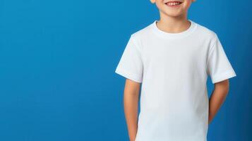 Young child beaming, wearing crisp white t shirt mockup, confidently against bright blue studio backdrop photo