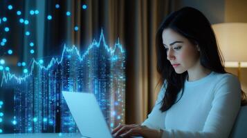 Young woman software developer working laptop with code projection in futuristic office at night photo