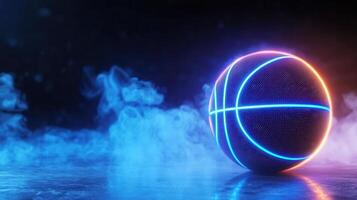 Futuristic basketball glowing neon resting on reflective surface, enveloped by wispy smoke, generating dramatic visual atmosphere sport background photo