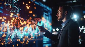 Businessman pointing market stock interface data on a digital screen with futuristic software growing 3D financial market chart screen displaying additional photo