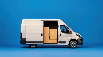 White last-mile delivery van transporting cardboard packages, palm tree silhouette against symbolizing summer shipping logistics photo