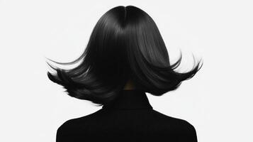 Female behind, from black displaying glossy chestnut length hair nice haircut, wearing sleek photographed turtleneck against neutral gray backdrop photo