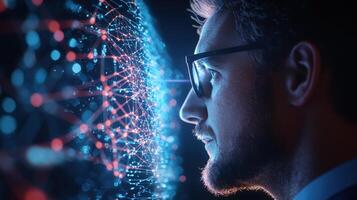 Scientist wearing smart glasses analyzes data virtual holographic overlay AI robot scene features technology scanning from glowing plexus sphere, embodying futuristic face and innovation photo