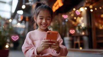 Child girl holds pink phone in hands with notification icons of like, message, comment and star floating above smartphone screen, social media and digital communication photo