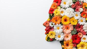 against flowers creating woman profile Gerbera face in profile, symbolizing feminine beauty silhouette pristine white background copy space for your text photo