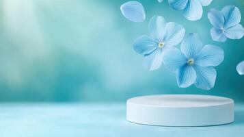 Soft blue flower spring background featuring white podium, cascading hydrangea blossoms elegantly framing minimalist for display surface Copy space product text photo