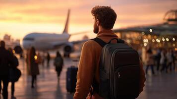 Young tourist man walking through a bustling an terminal, carrying a backpack, eagerly heading off on airport exciting trip travel blur background photo