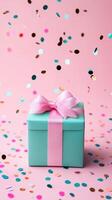 3d Pastel gift box suspended midair valentine love, peach celebrating trailing, ribbon gravity swirling around confetti festive moment. Vertical format background photo