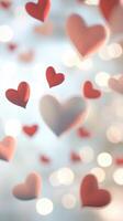 3d Floating red hearts drifting valentine against pristine white background, symbolizing romantic sentiment, concepts. for love related design Vertical perfect format photo