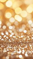 Sparkling Christmas warmth backdrop with golden glitter light bokeh, radiating festive holiday and magical shimmer for celebratory graphic designs. Vertical format photo