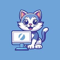 Smiling Cat and Computer Mascot Character with Shopping Cart vector