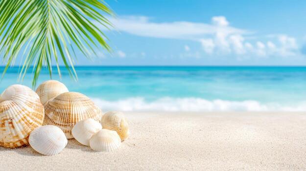 White on beach with seashells and palm tree sand leaf a sunny summer day, evoking a sense of tranquility and escape background Copy space for text photo