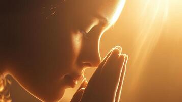 manos Orando cristiano mujer, reverencia en humilde reverencia a dios. con doblada devoto ella mira hacia arriba antes de clausura ojos. buscando Guia y fuerza a En Vivo un vida en conformidad con el Biblia foto